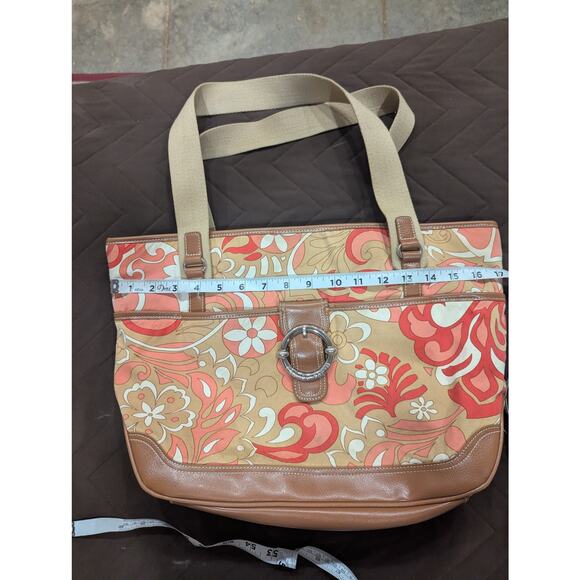 Pretty coral, peach and cream floral print canvas handbag by Franco Sarto - Picture 2 of 7